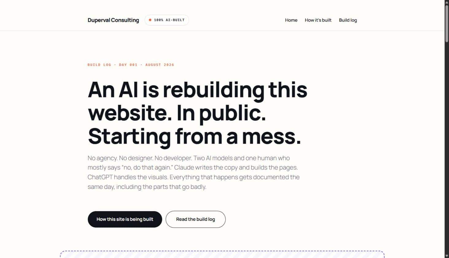 The rebuilt Duperval Consulting homepage: warm off-white background, a 100% AI-built badge in the header, and the headline An AI is rebuilding this website. In public. Starting from a mess.