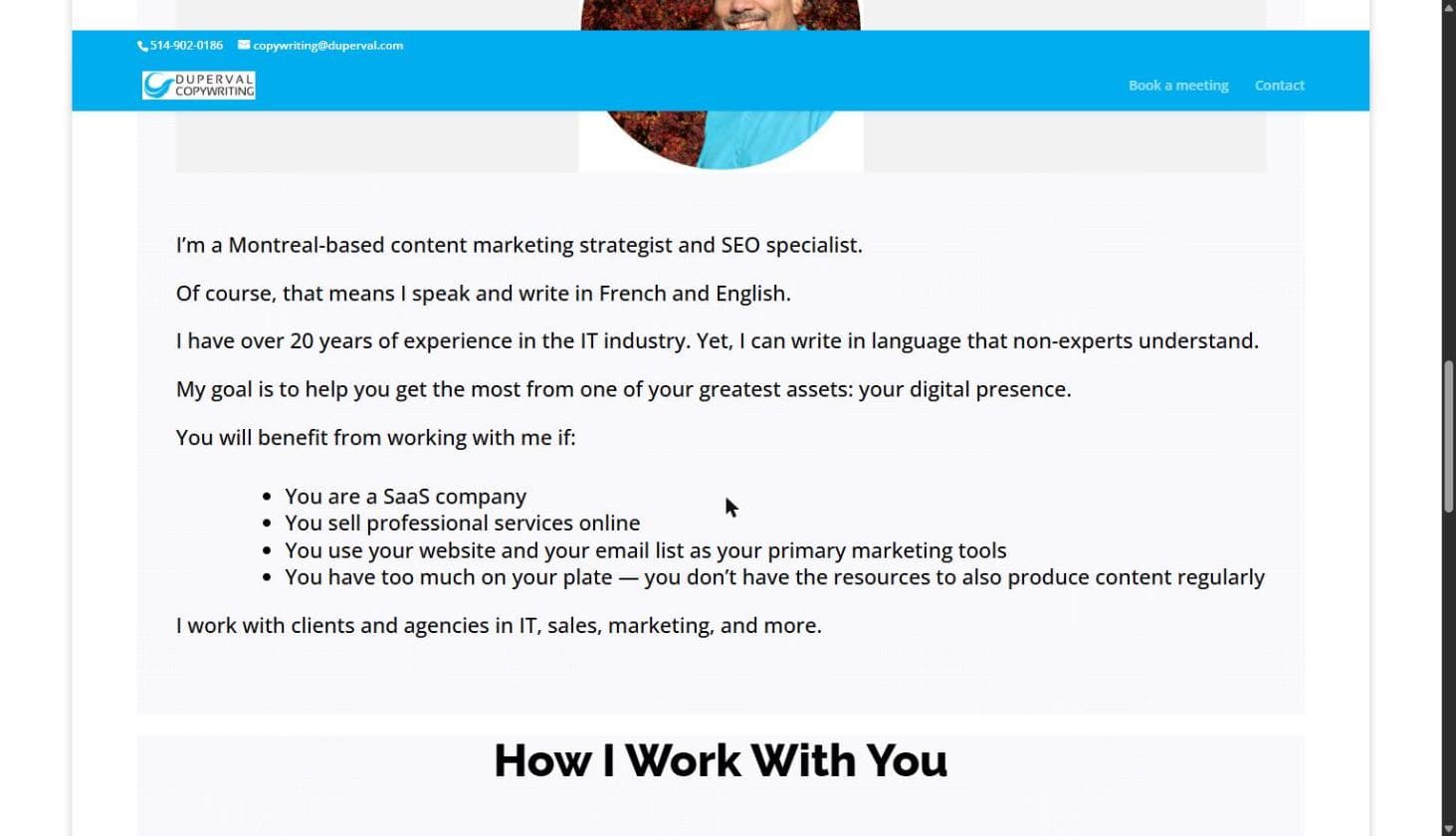 Original about section with a circular headshot and a list of ideal client types