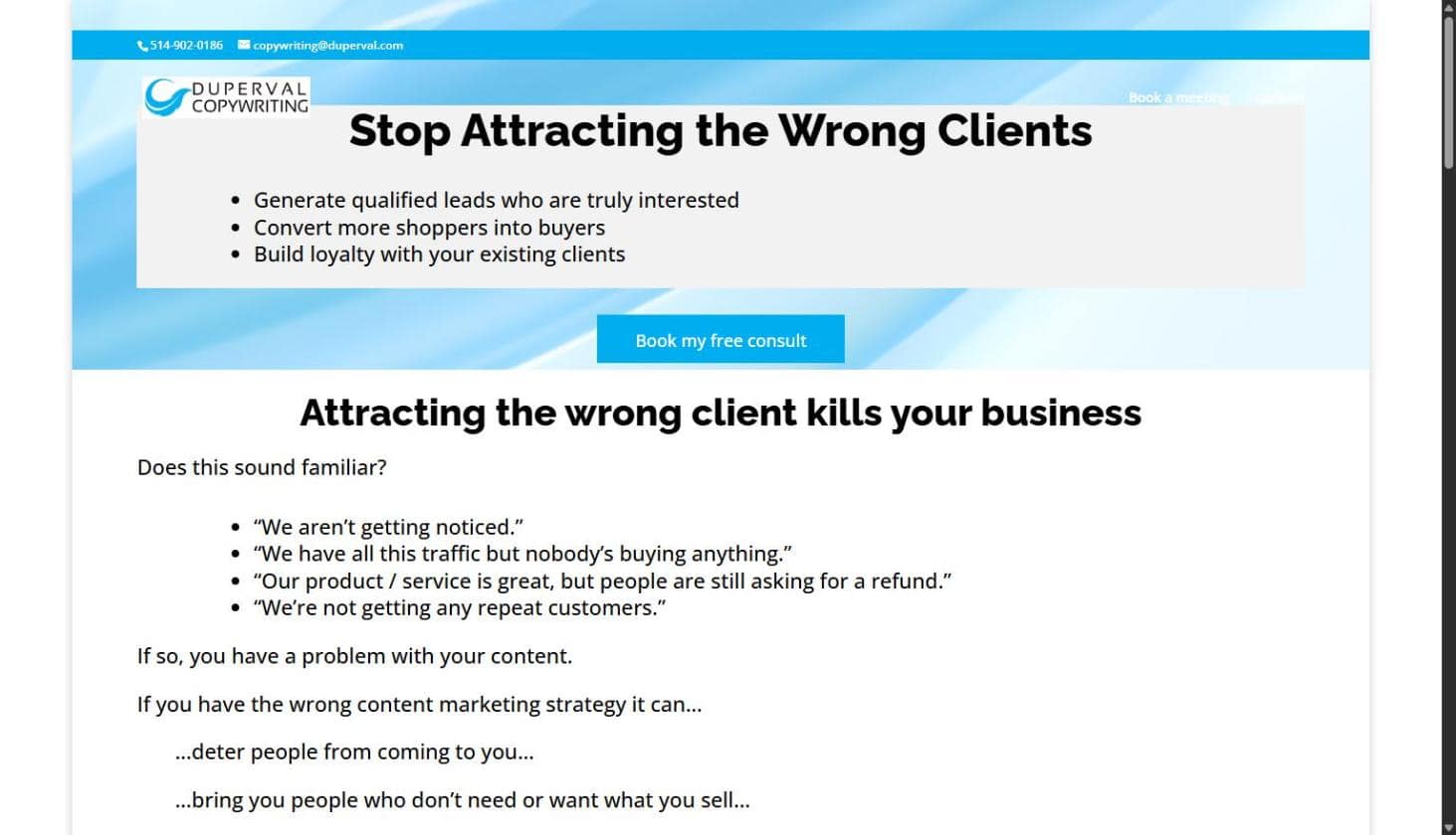 Screenshot of the original Duperval Copywriting homepage before the AI rebuild, showing a blue Divi template with the headline Stop Attracting the Wrong Clients