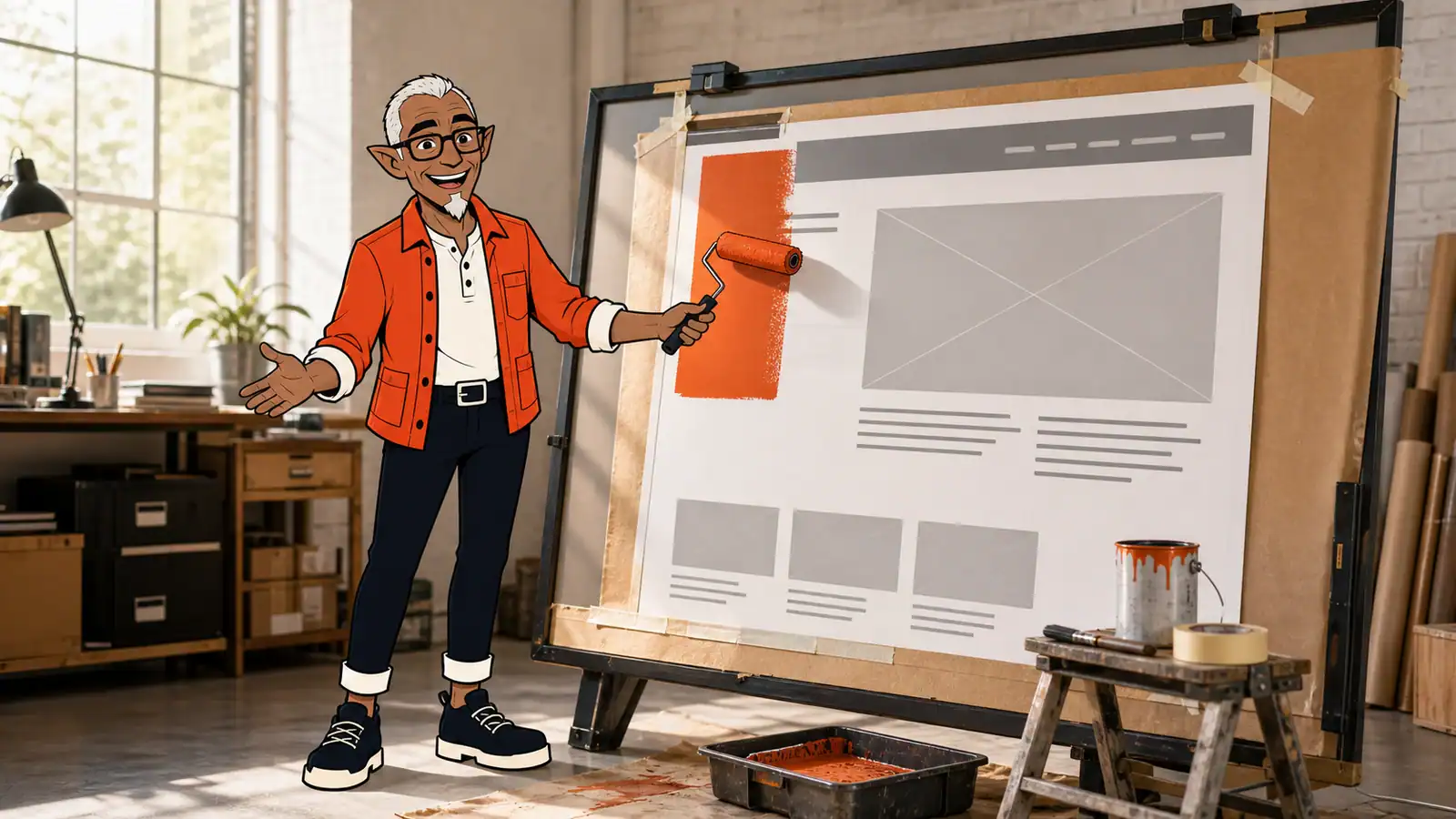A joyful illustrated Melvin applies orange paint to a large website mockup in a realistic creative workshop.