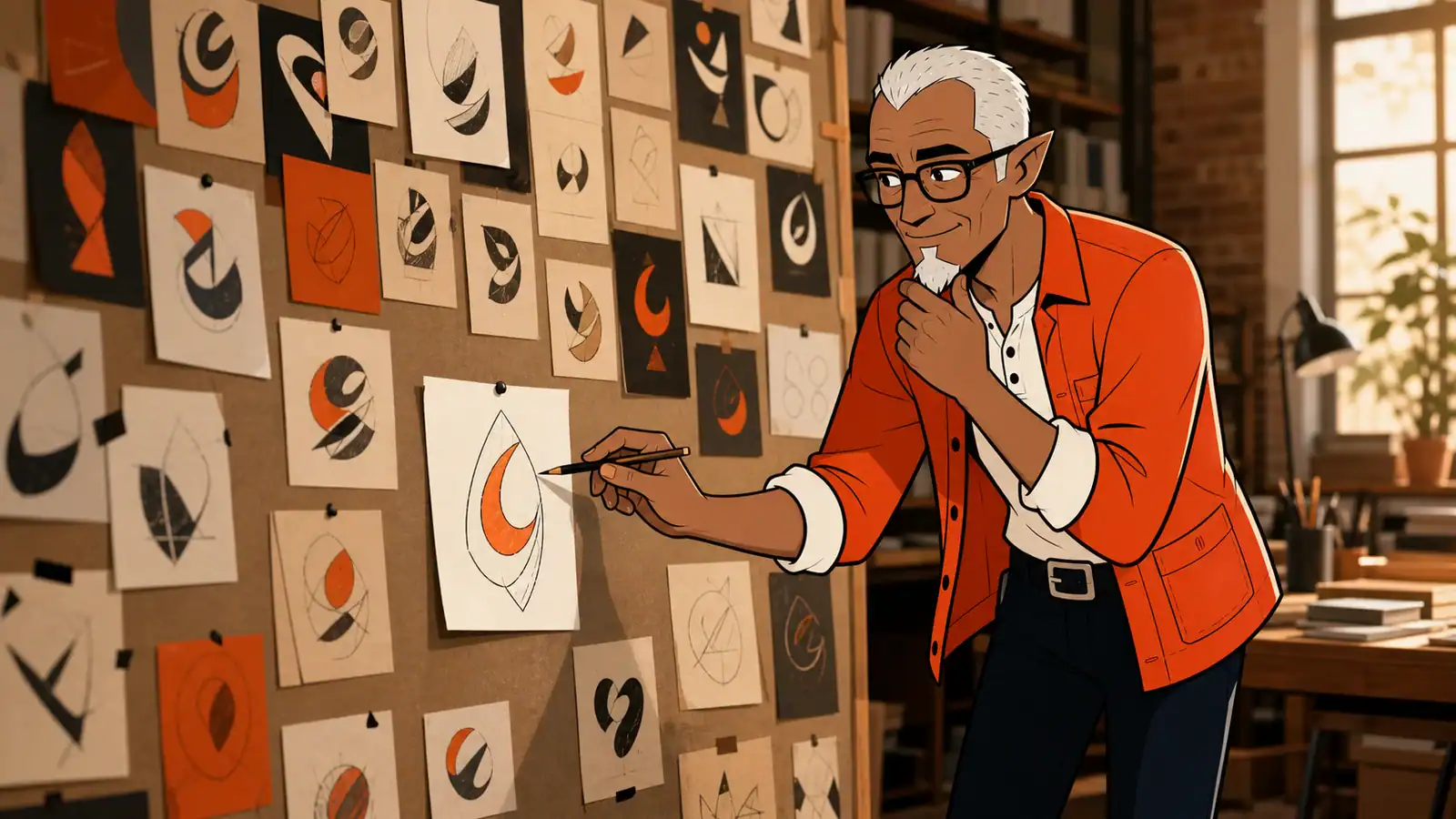 An illustrated Melvin thoughtfully reviews a studio pinboard filled with many abstract orange and black logo sketches.