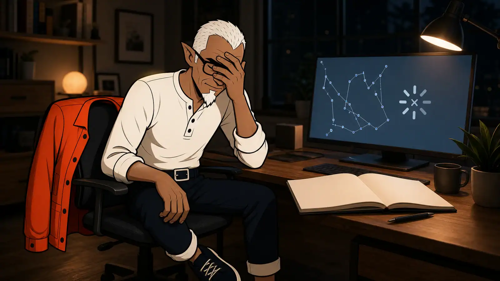 An illustrated Melvin facepalms beside a monitor showing a broken vector path and an open blank notebook in a late-night studio.