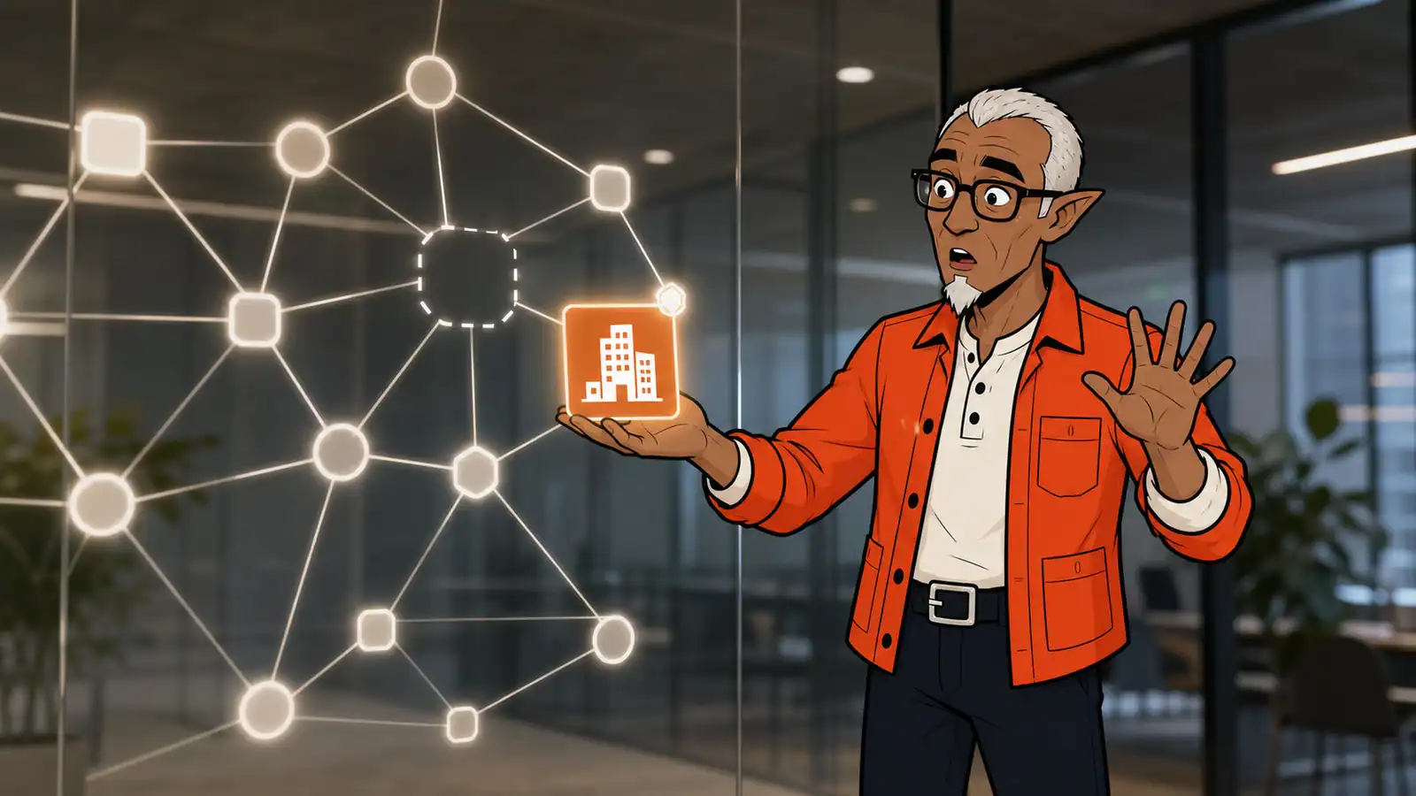 A surprised illustrated Melvin places an orange company tile into a glowing network of connected data nodes on a glass wall.