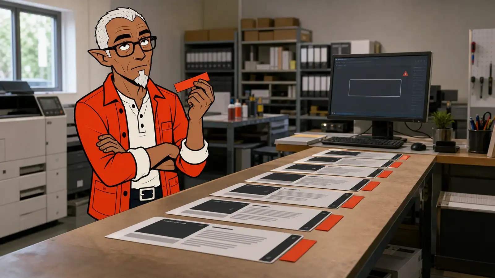 An illustrated Melvin rolls his eyes while adding orange labels to a row of webpage proofs beside a monitor showing an empty field.