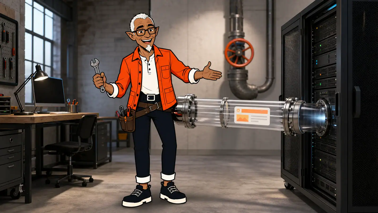 A joyful illustrated Melvin holds a wrench beside a clear pipeline carrying a webpage card from a local workstation to a server cabinet.