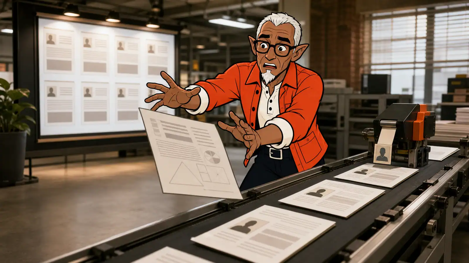 A worried illustrated Melvin reaches to stop a technical article sheet before it enters a public publishing conveyor with automatic author labels.
