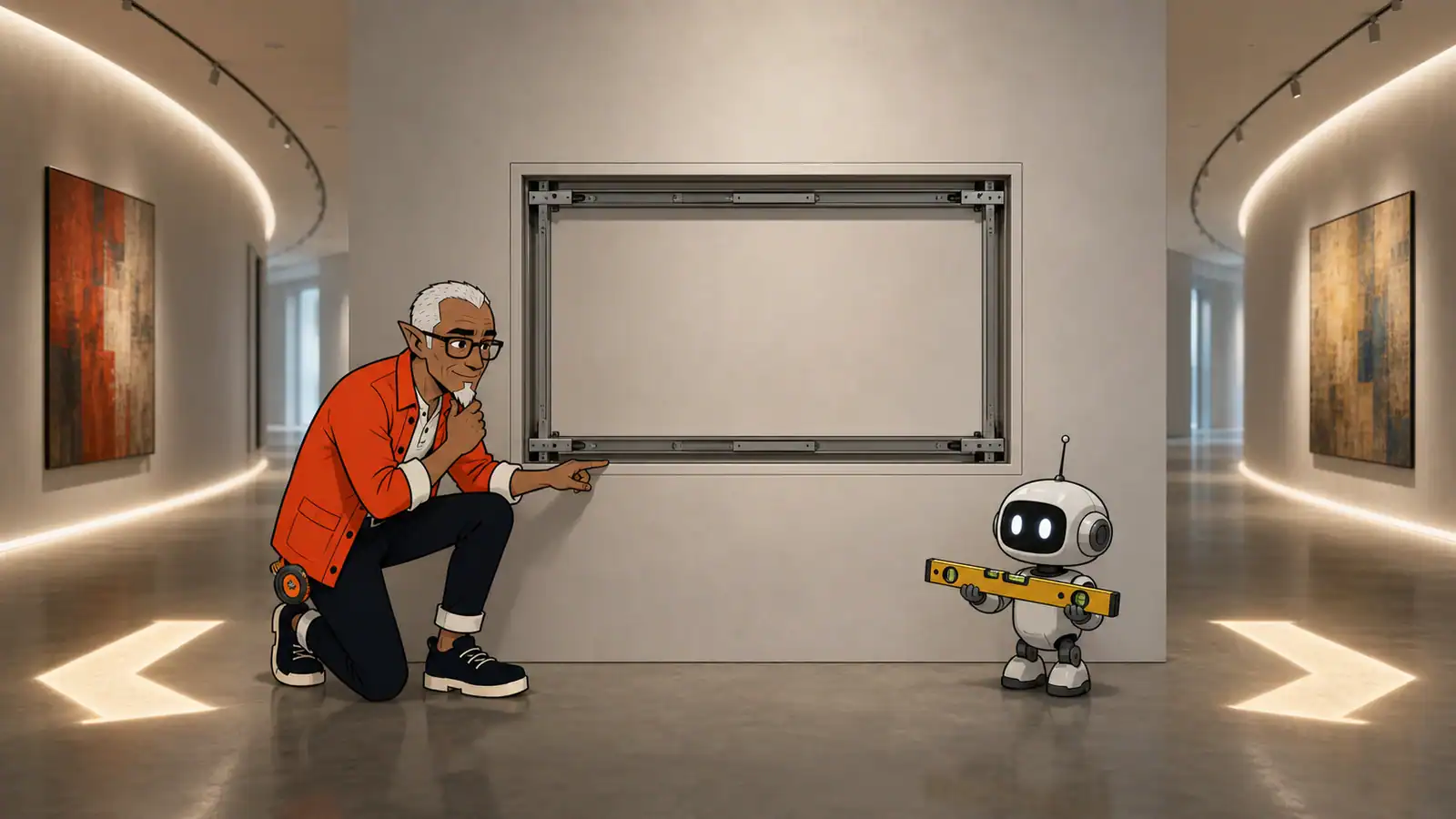 An illustrated Melvin and a small helper robot inspect a retractable 16:9 frame between two directions in a realistic gallery corridor.
