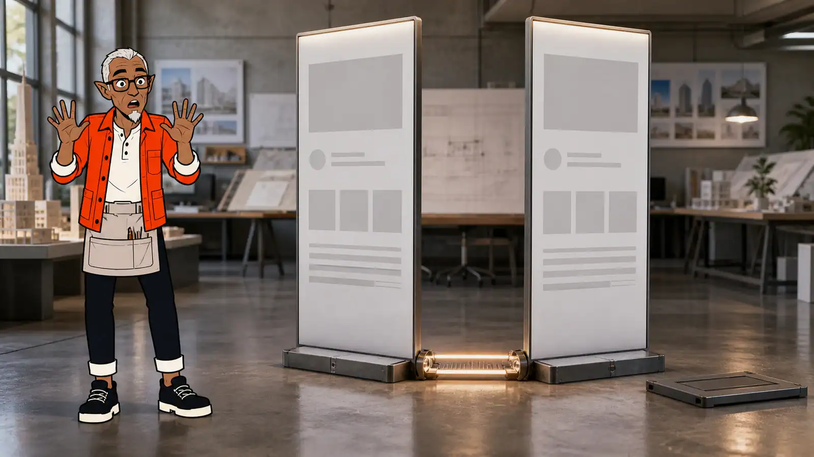 A surprised illustrated Melvin watches a glowing bridge connect two matching webpage panels while an empty docking slot remains retracted.