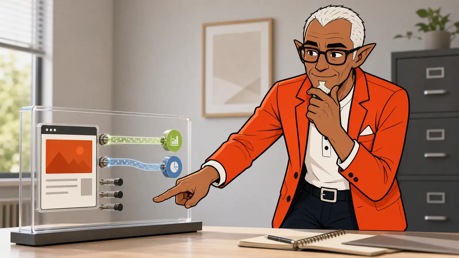 An illustrated Melvin thoughtfully inspects a transparent model showing two narrow data streams and several capped collection ports.