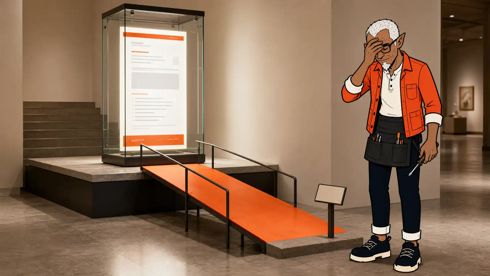 An illustrated Melvin facepalms beside a newly installed orange walkway leading to a completed webpage displayed behind glass.